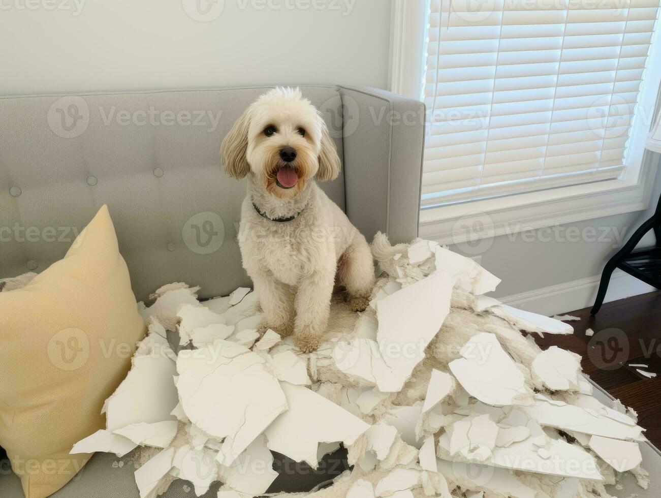 Dog with a mischievous expression surrounded by torn-up pillows AI Generative photo