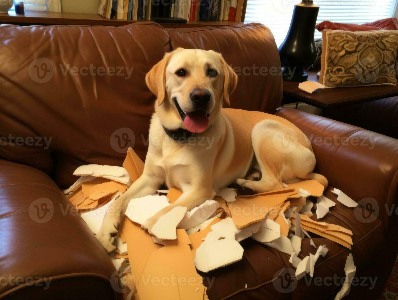 Dog with a mischievous expression surrounded by torn-up pillows AI Generative photo