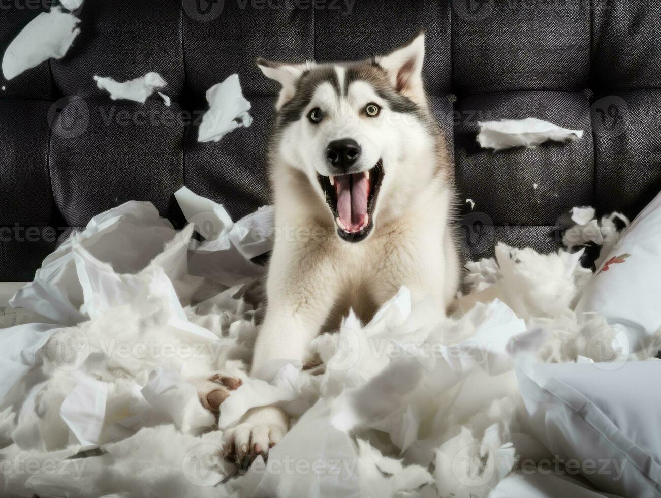 Dog with a mischievous expression surrounded by torn-up pillows AI Generative photo