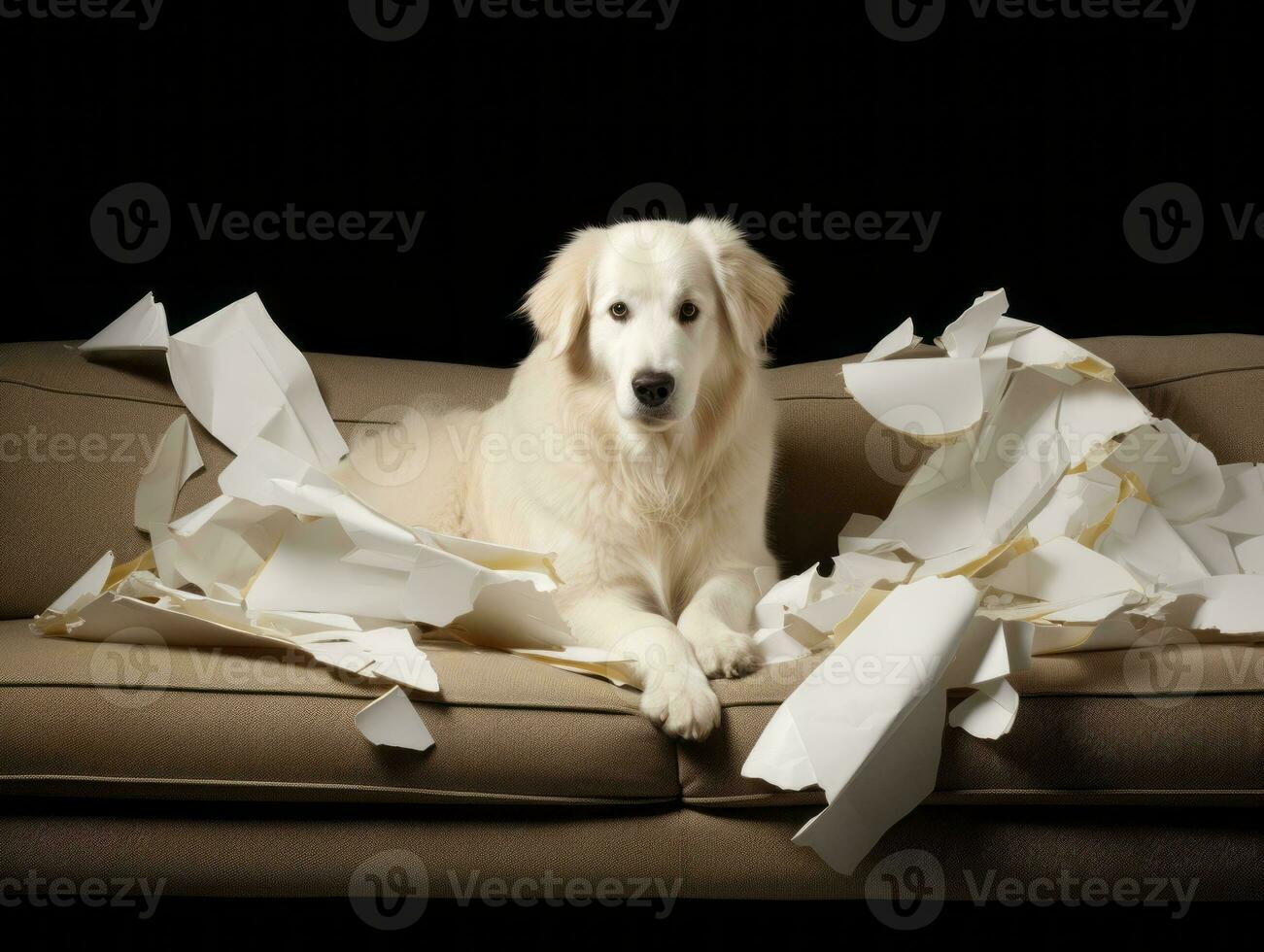 Dog with a mischievous expression surrounded by torn-up pillows AI Generative photo