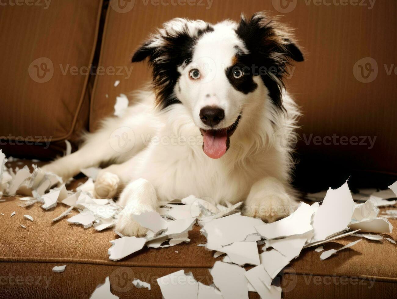 Dog with a mischievous expression surrounded by torn-up pillows AI Generative photo