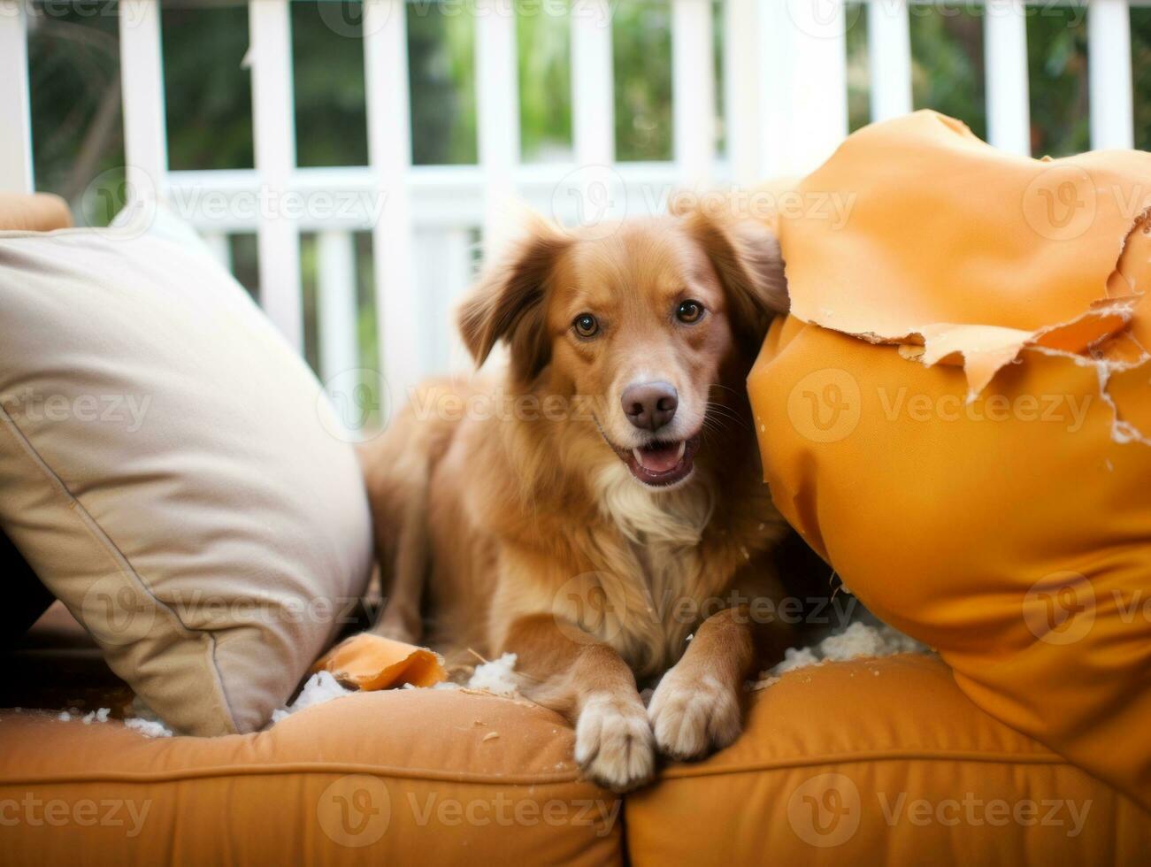 Dog with a mischievous expression surrounded by torn-up pillows AI Generative photo