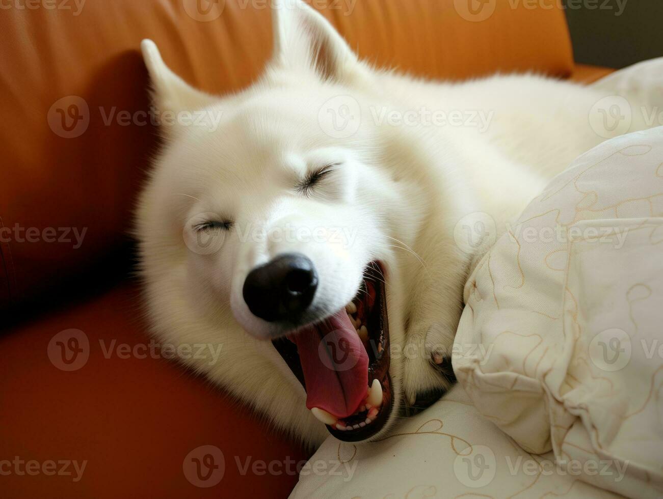 Dog with a mischievous expression surrounded by torn-up pillows AI Generative photo