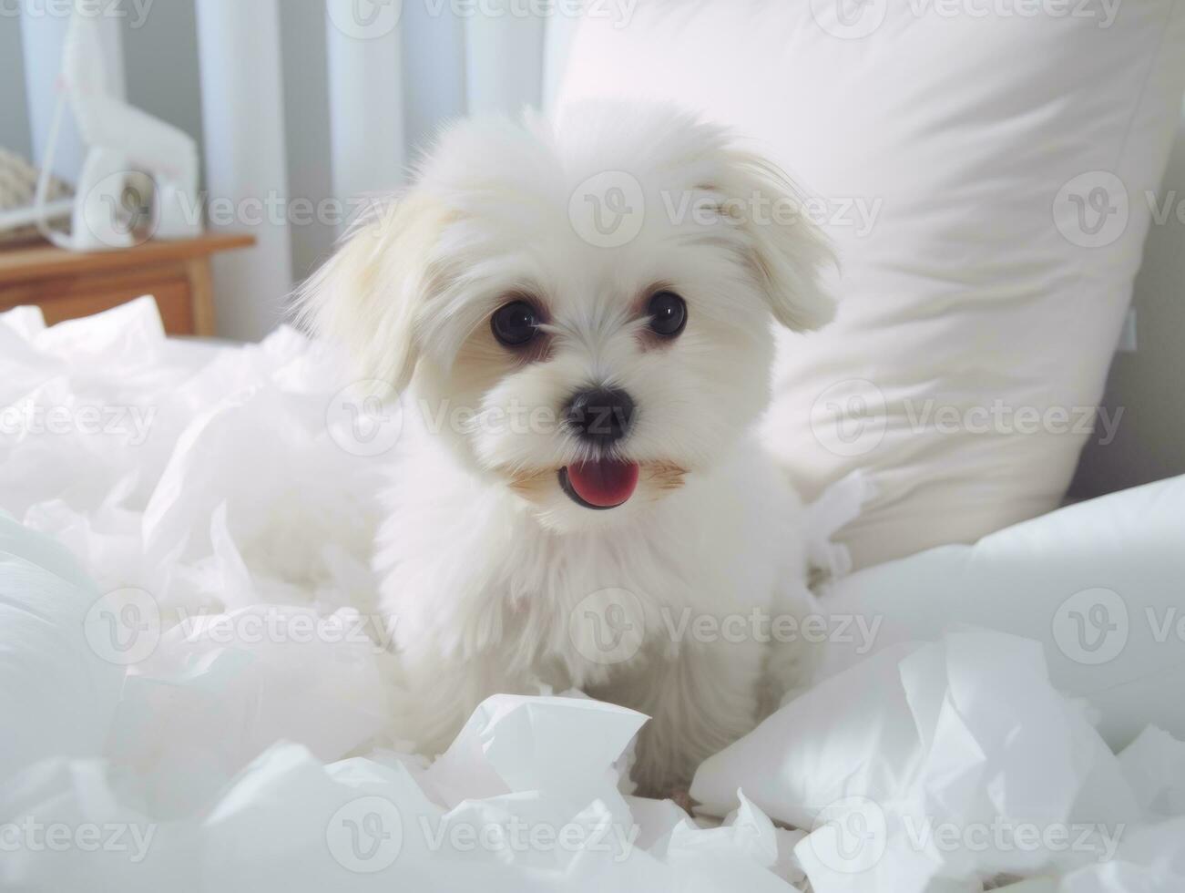 Dog with a mischievous expression surrounded by torn-up pillows AI Generative photo