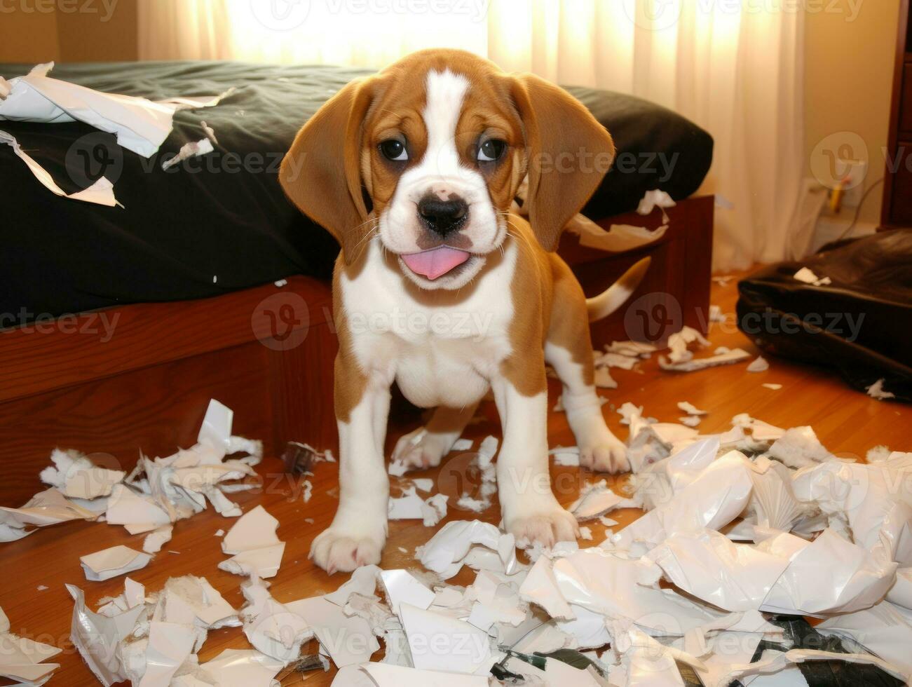 Dog with a mischievous expression surrounded by torn-up pillows AI Generative photo