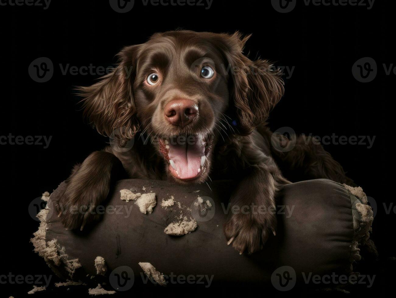 Dog with a mischievous expression surrounded by torn-up pillows AI Generative photo