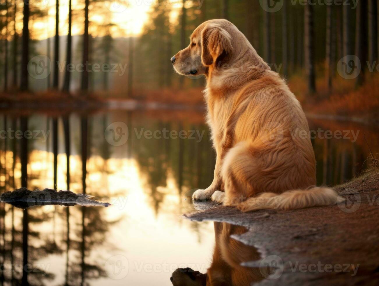Dog and its reflection in a calm pond AI Generative photo