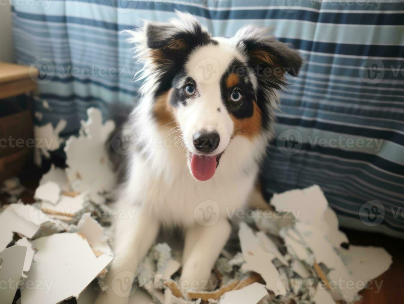 Dog with a mischievous expression surrounded by torn-up pillows AI Generative photo