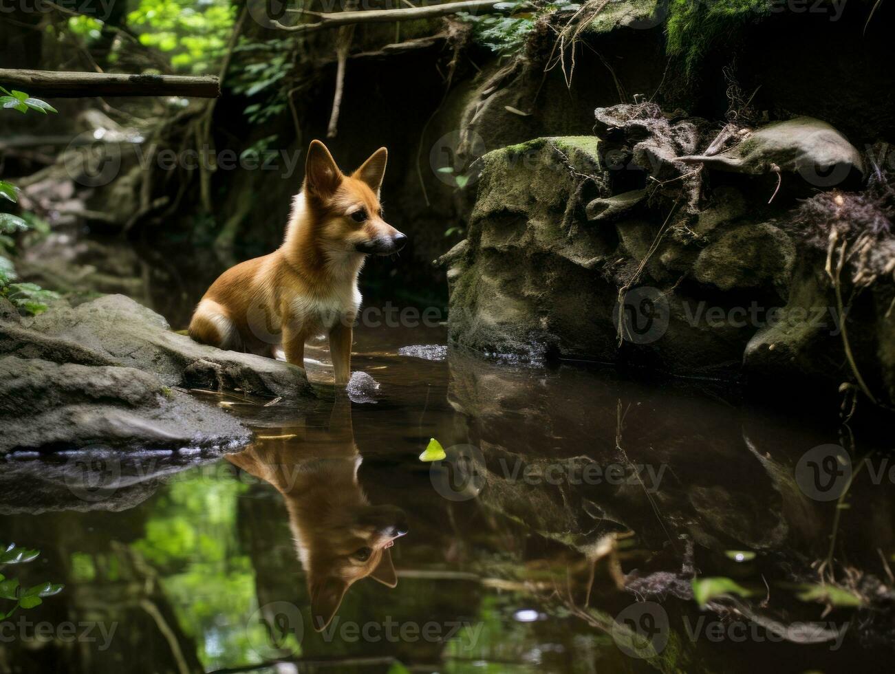 Dog and its reflection in a calm pond AI Generative photo