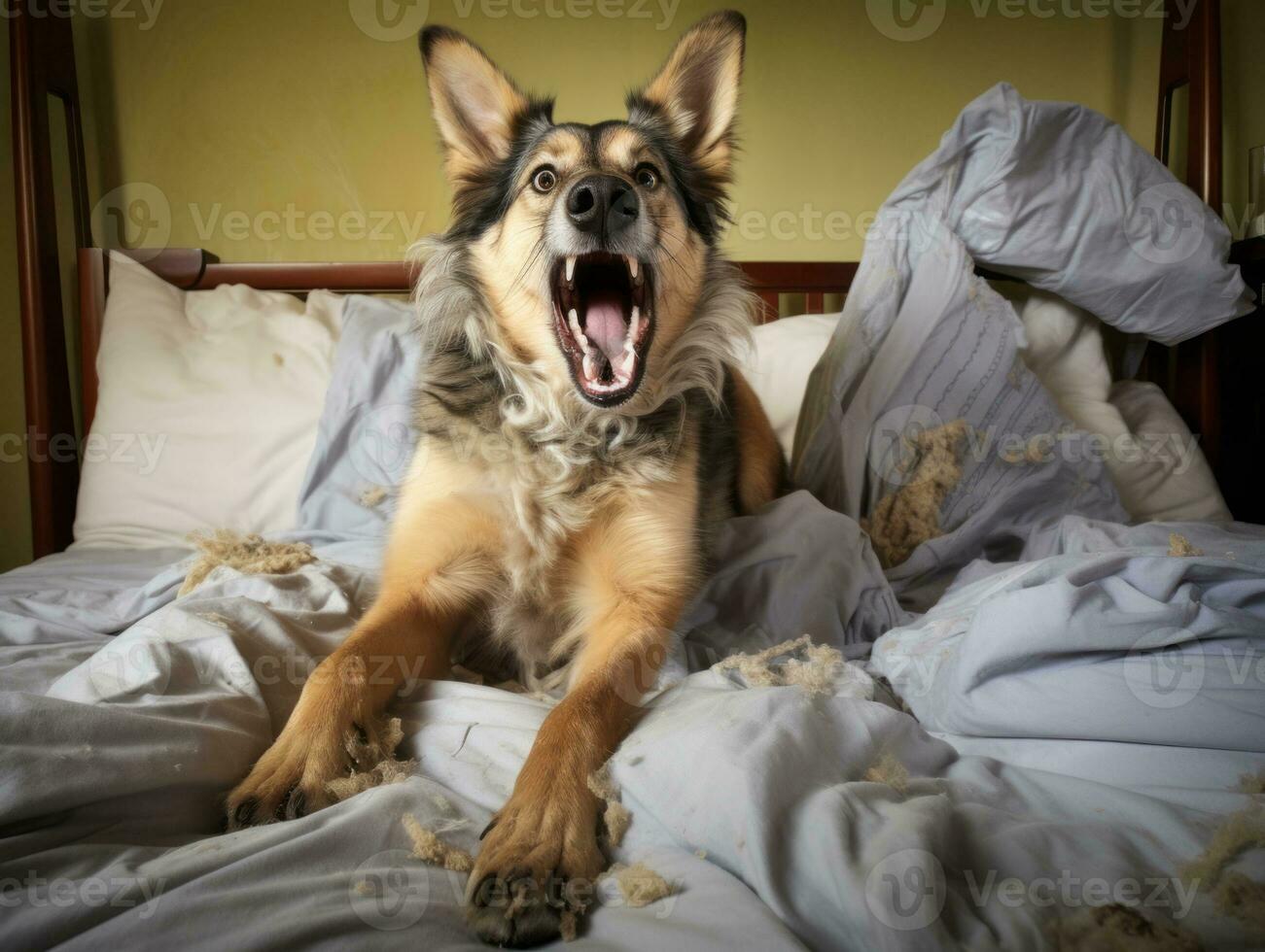 Dog with a mischievous expression surrounded by torn-up pillows AI Generative photo