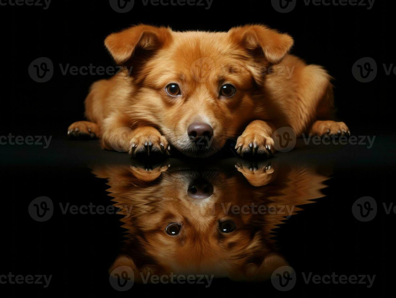 Dog and its reflection in a calm pond AI Generative photo