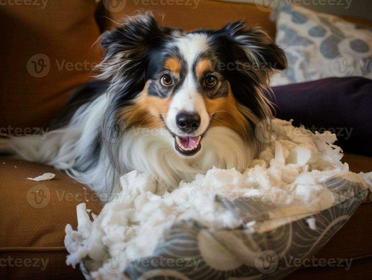 Dog with a mischievous expression surrounded by torn-up pillows AI Generative photo
