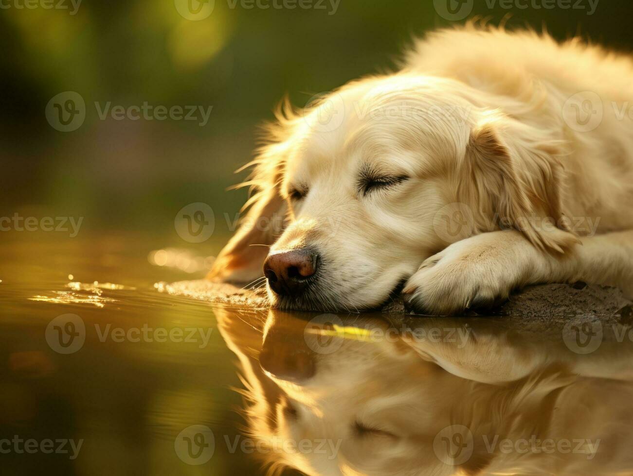 Dog and its reflection in a calm pond AI Generative photo