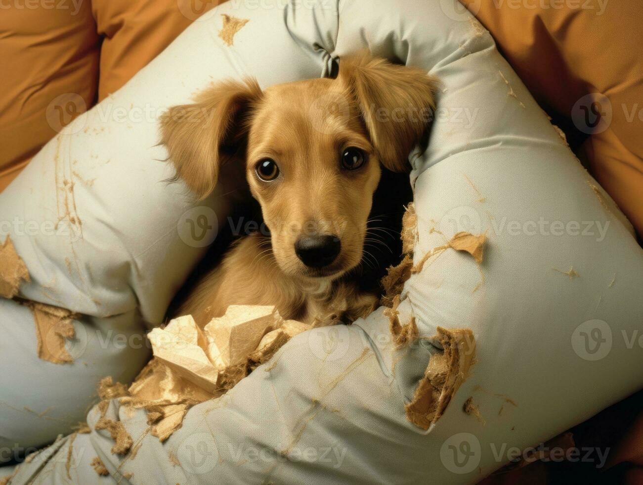Dog with a mischievous expression surrounded by torn-up pillows AI Generative photo