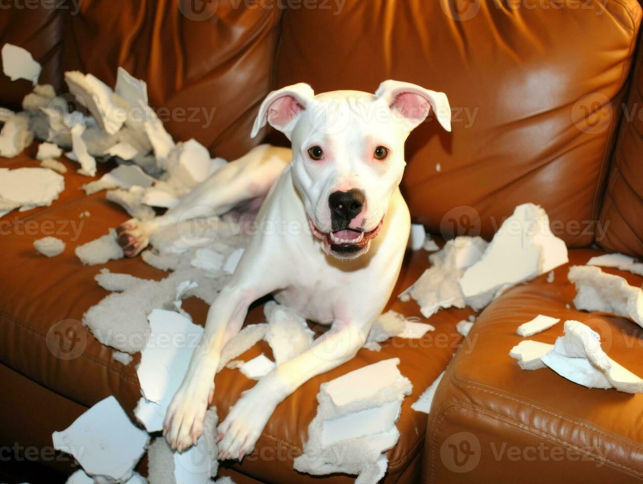 Dog with a mischievous expression surrounded by torn-up pillows AI Generative photo