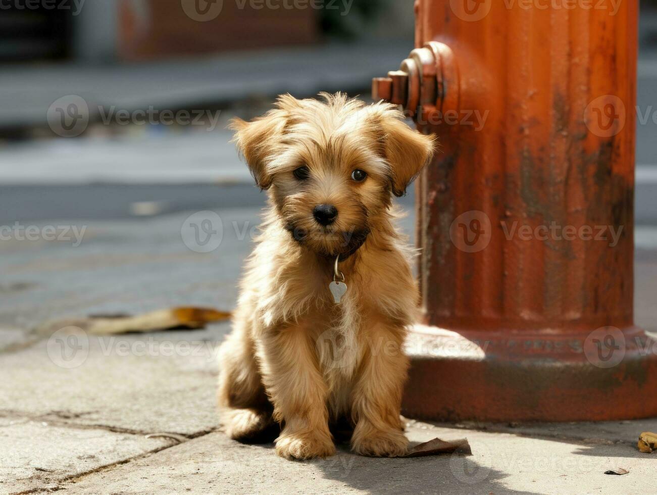Cute puppy sitting by a fire hydrant AI Generative photo