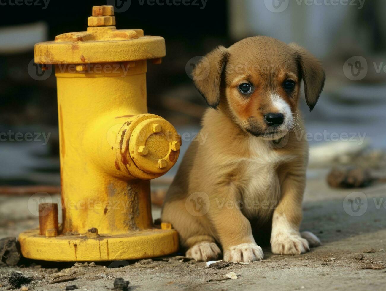 Cute puppy sitting by a fire hydrant AI Generative photo
