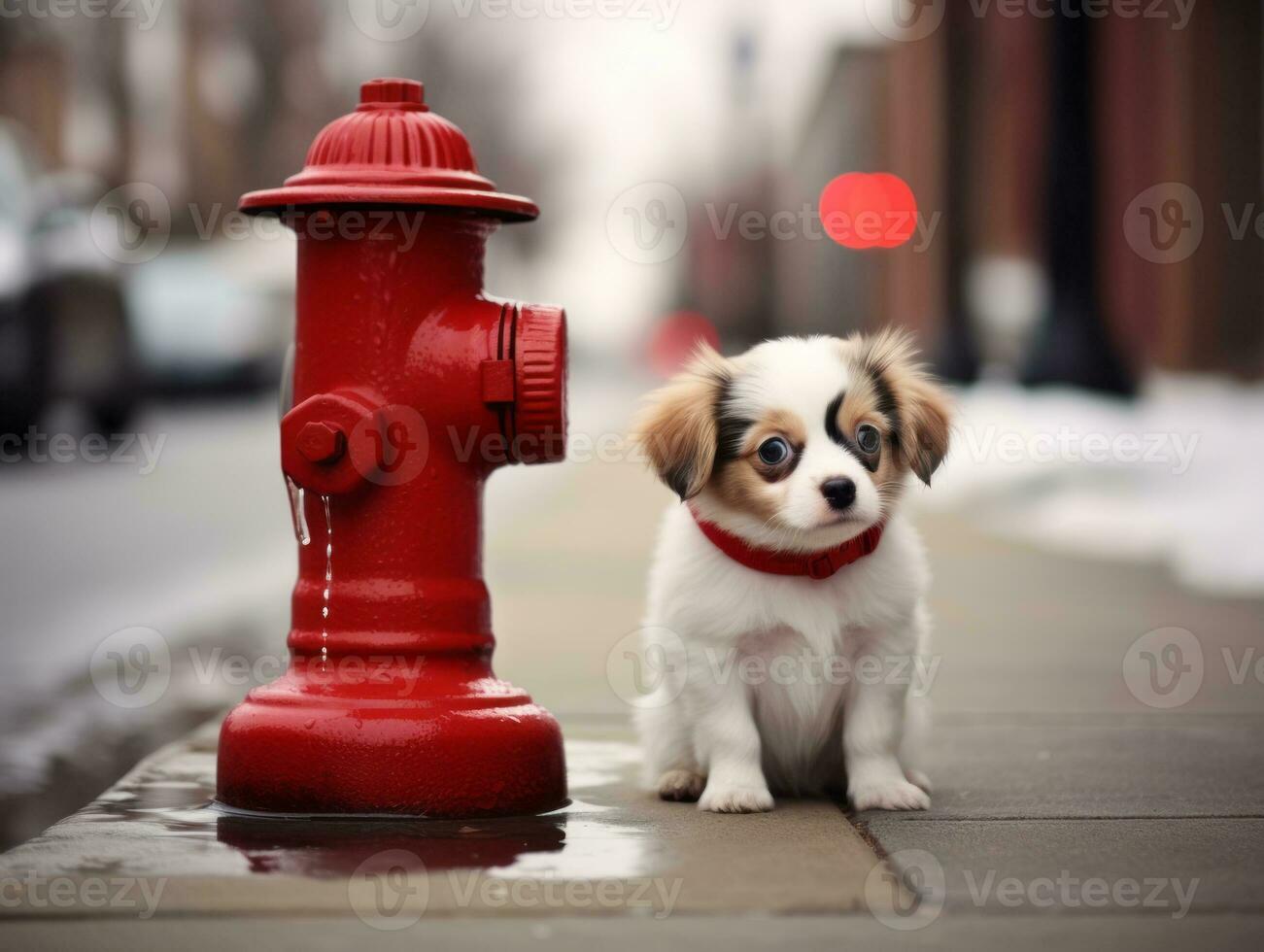 Cute puppy sitting by a fire hydrant AI Generative photo