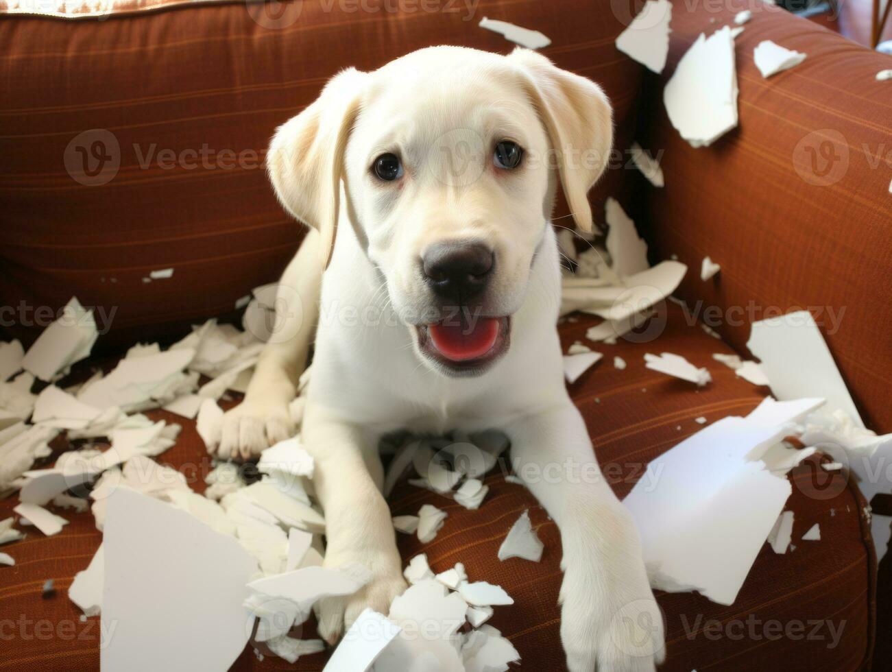 Dog with a mischievous expression surrounded by torn-up pillows AI Generative photo