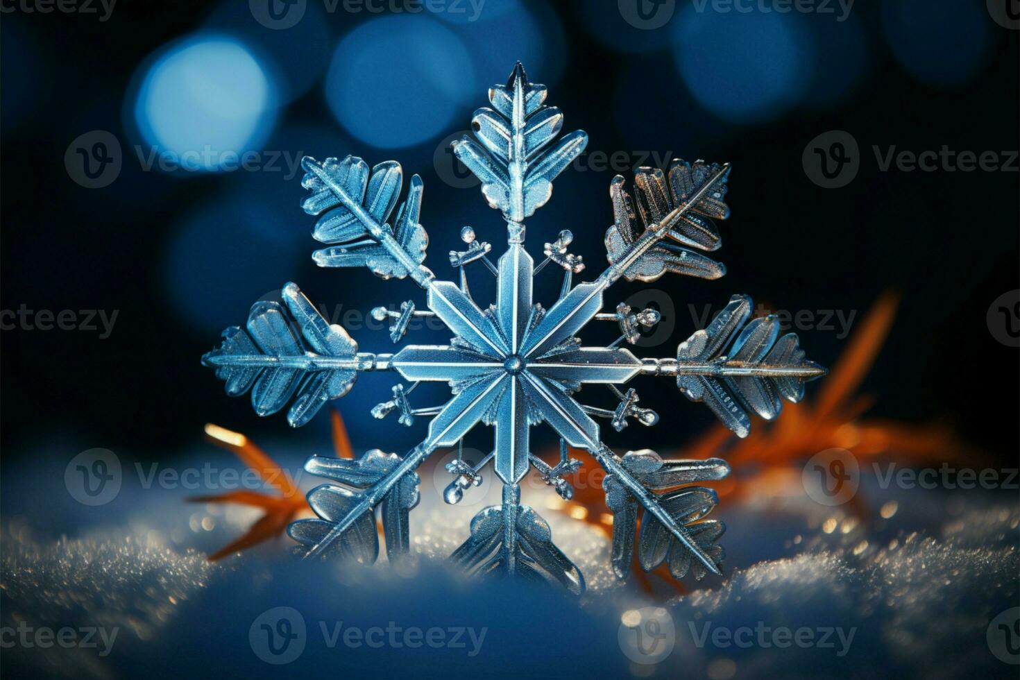 Captivating close up of a winters unique, intricate snowflake crystal AI Generated photo