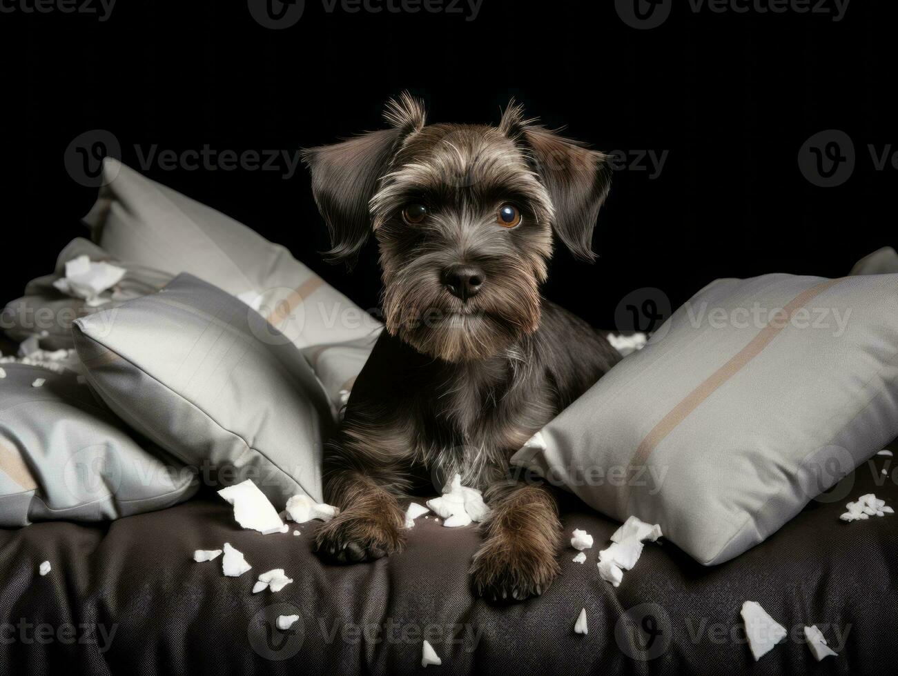 Dog with a mischievous expression surrounded by torn-up pillows AI Generative photo