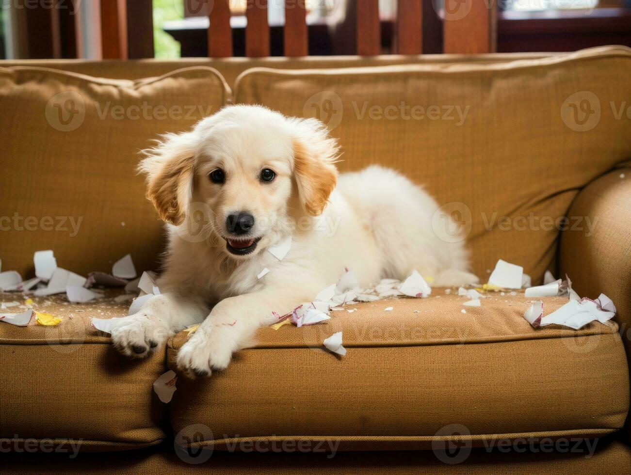 Dog with a mischievous expression surrounded by torn-up pillows AI Generative photo