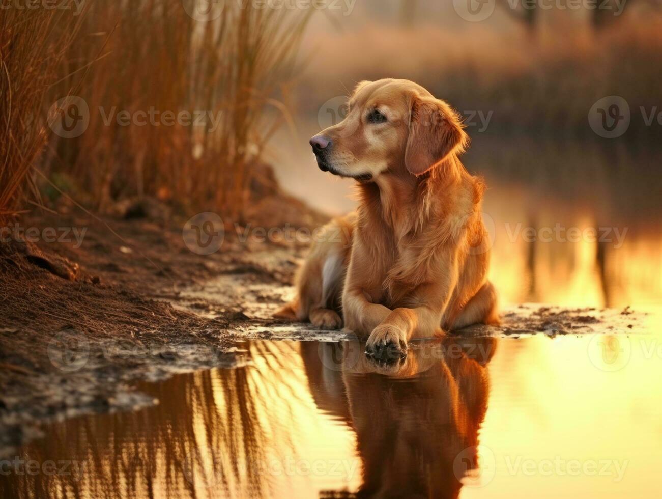Dog and its reflection in a calm pond AI Generative photo