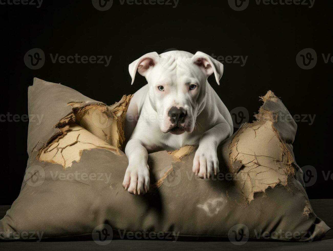 Dog with a mischievous expression surrounded by torn-up pillows AI Generative photo