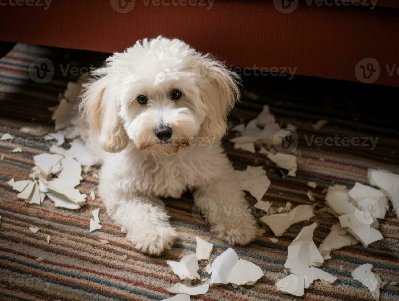 Dog with a mischievous expression surrounded by torn-up pillows AI Generative photo