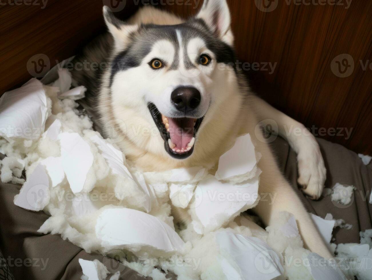 Dog with a mischievous expression surrounded by torn-up pillows AI Generative photo