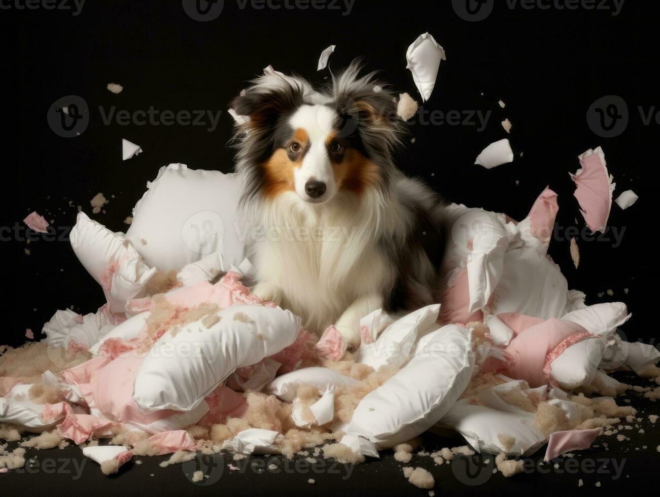 Dog with a mischievous expression surrounded by torn-up pillows AI Generative photo
