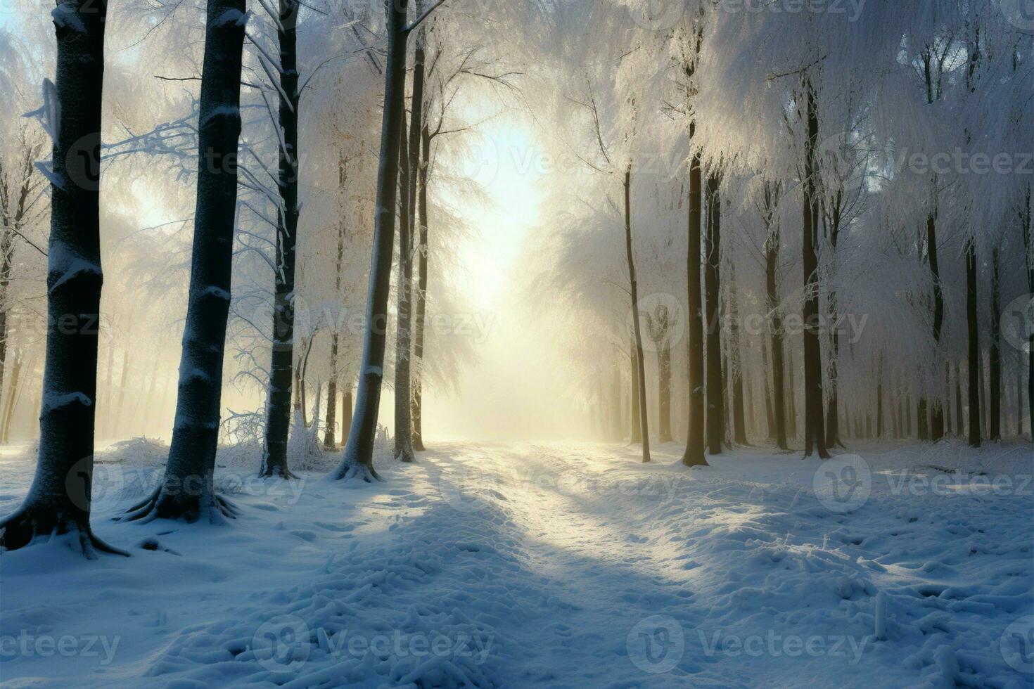 The hush of a beech winter forest, blanketed in glistening snow AI Generated photo