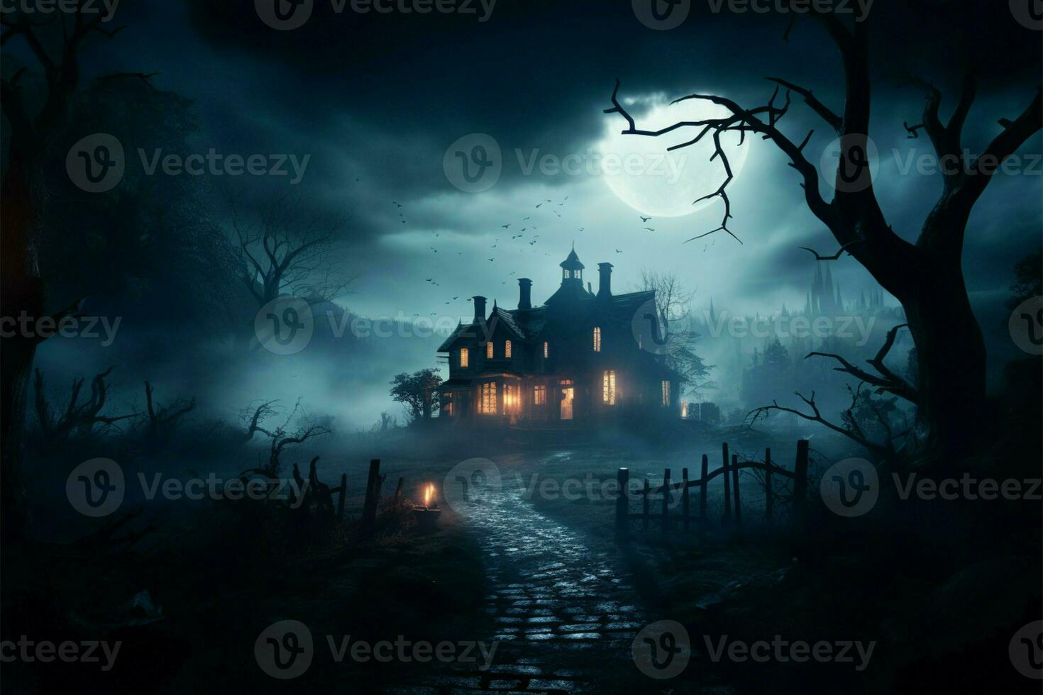 A haunted house shrouded in eerie lighting and mysterious fog AI Generated photo