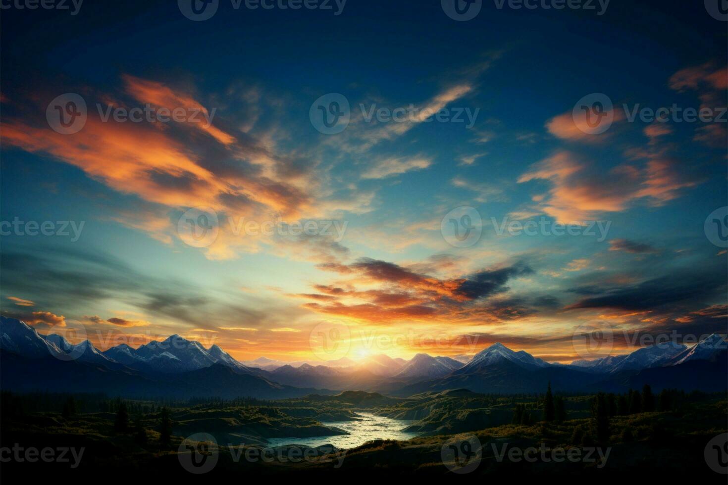 A mountainous landscape accentuates a picturesque, sun drenched and colorful sky AI Generated photo