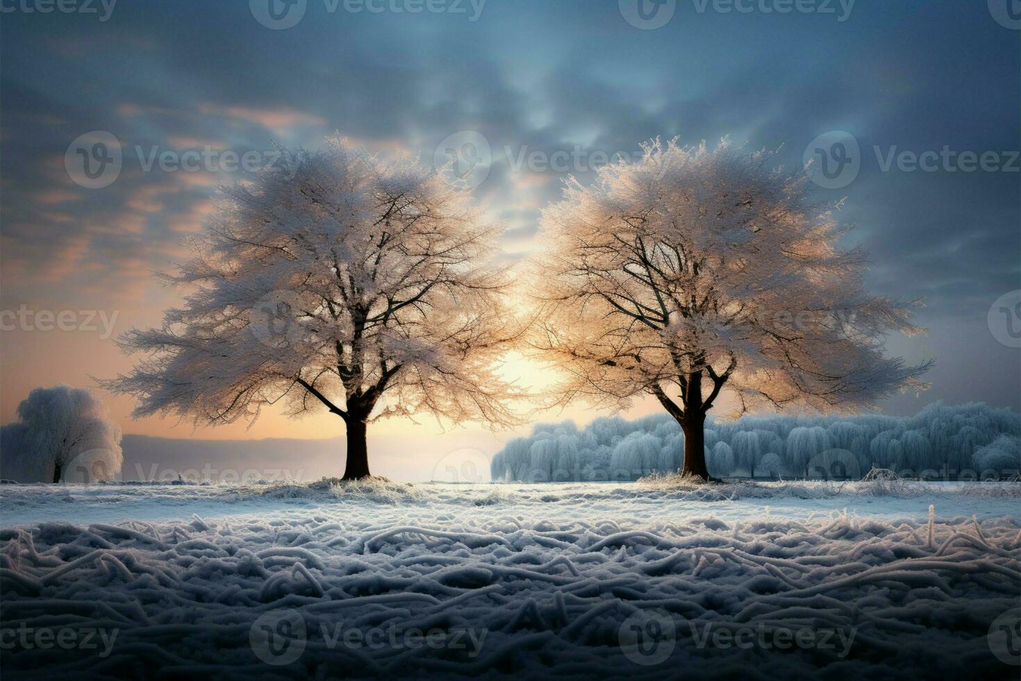 Winters enchanting beauty a solitary tree in the evening snowfall AI Generated photo