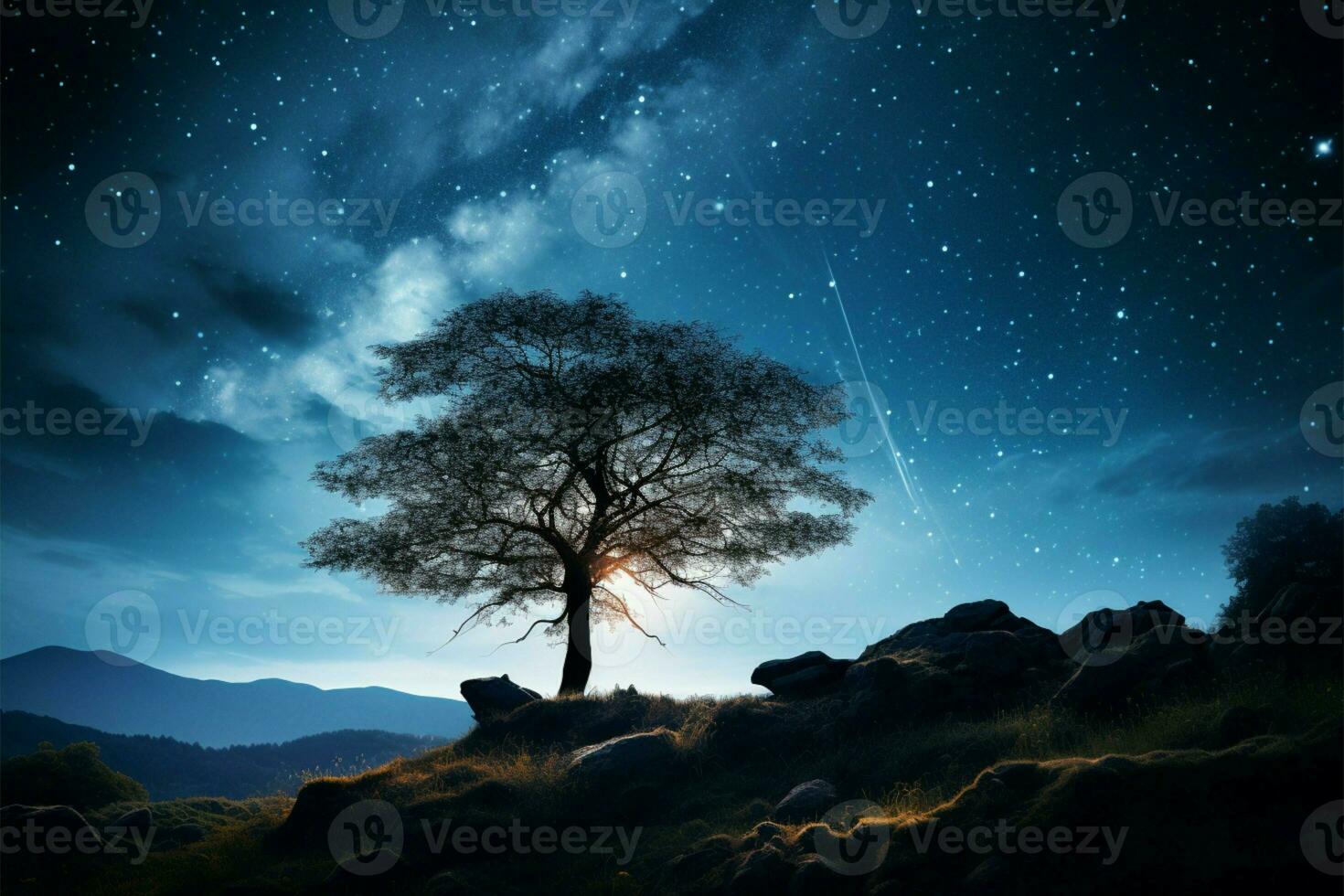 A hills lone tree under a starry night, Milky Way AI Generated photo