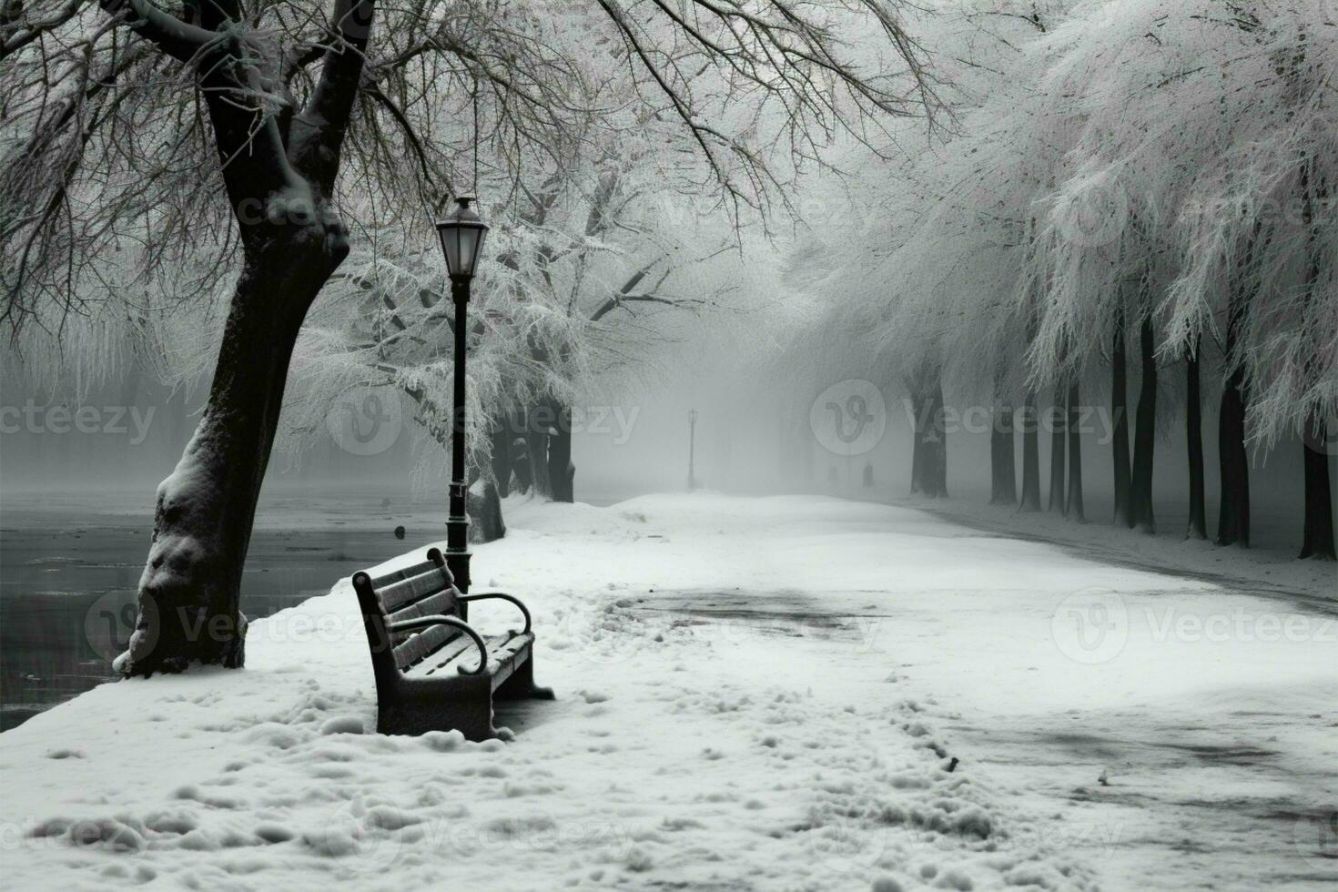 Winters melancholy, trees stand in solemn black and white silence AI Generated photo