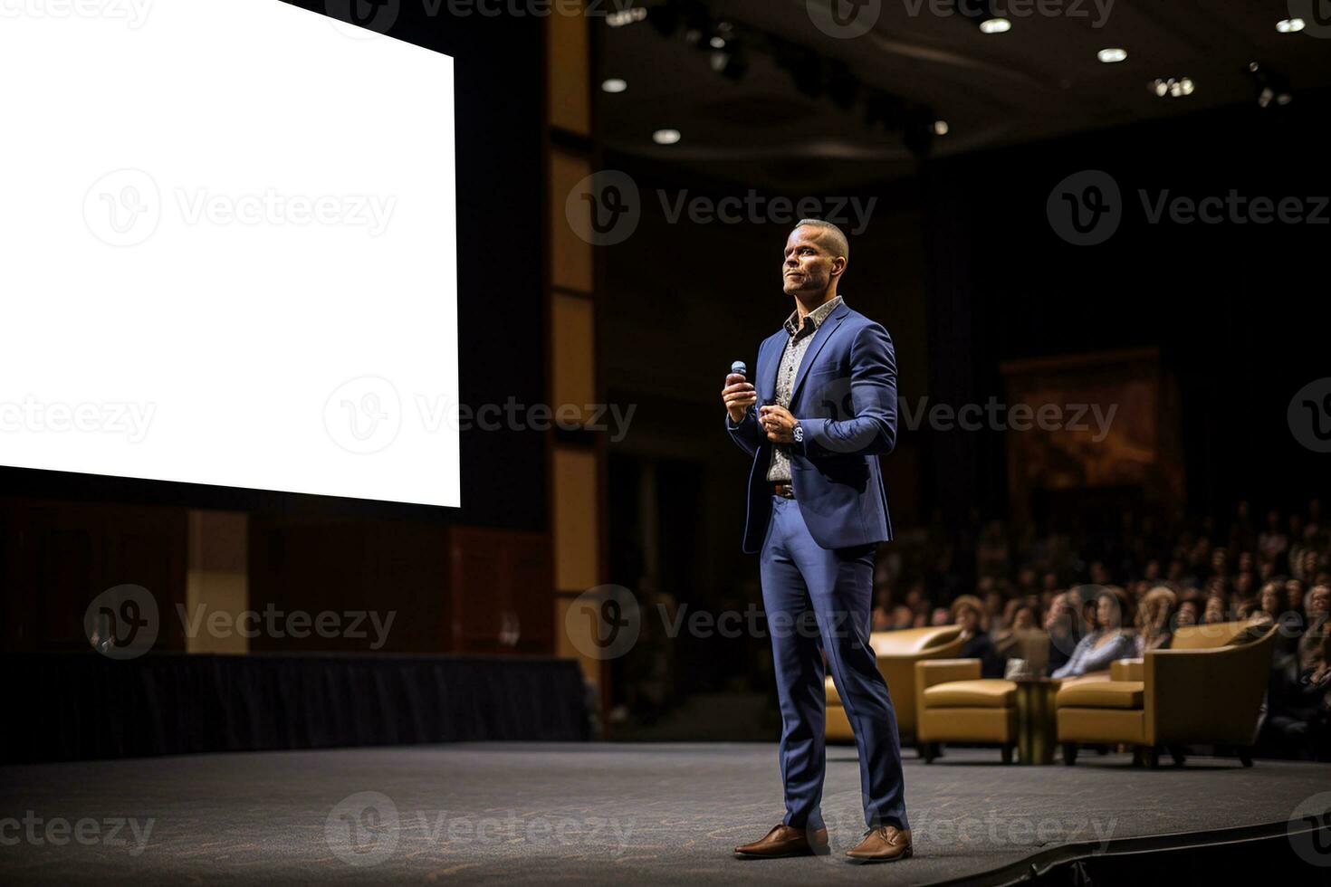 Businessman speaks at a conference. Motivational speaker in front of a large crowd at a seminar. Generative AI photo