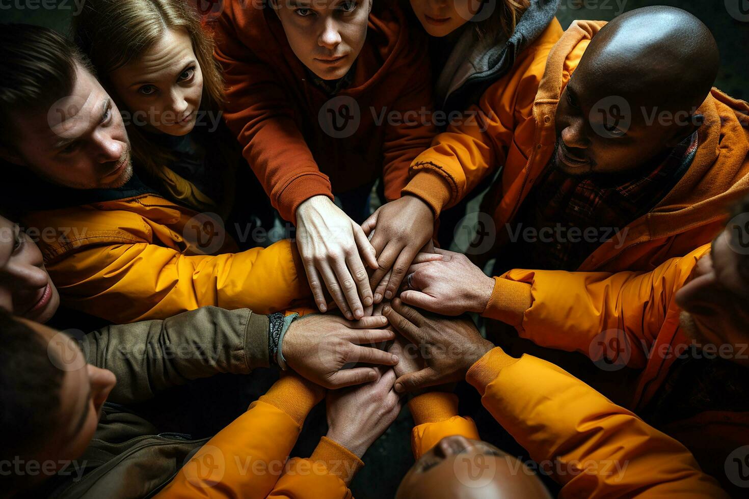 trabajador equipo apilado su manos. grupo de personas articulación mano juntos a haciendo trabajo en equipo. generativo ai foto