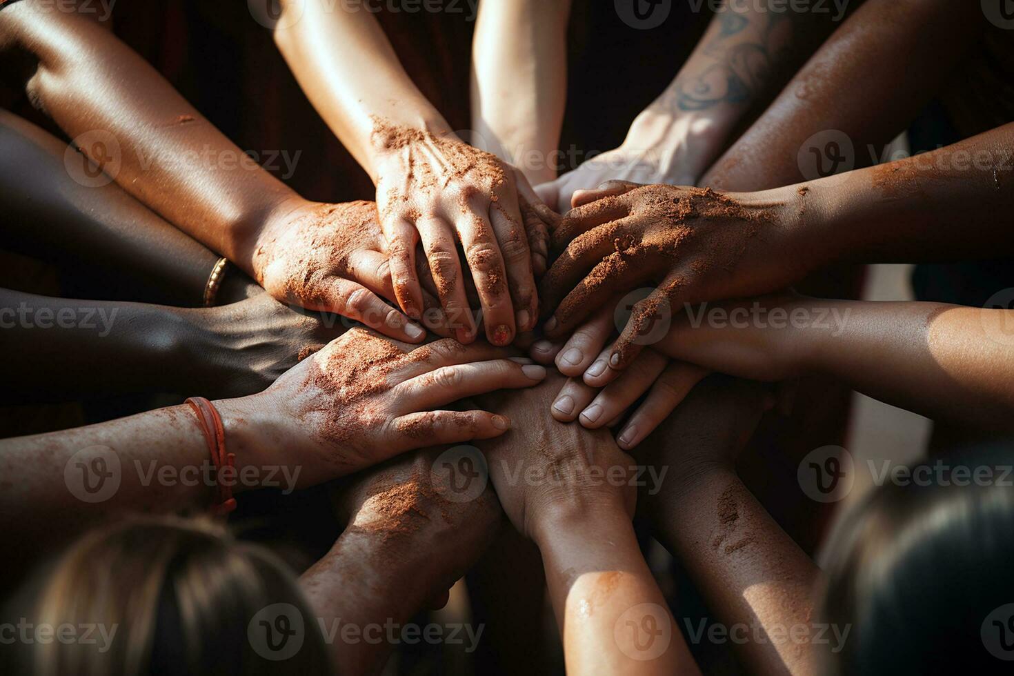 Worker team stacking their hands. Group of people joint hand together to making teamwork. Generative AI photo