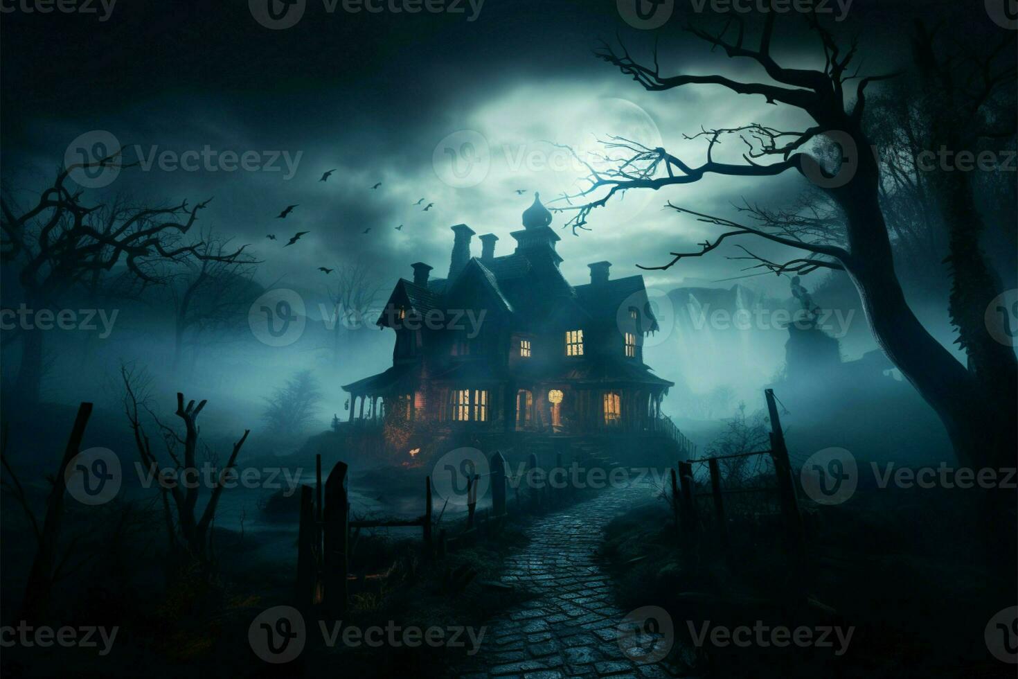A haunted house shrouded in eerie lighting and mysterious fog AI Generated photo