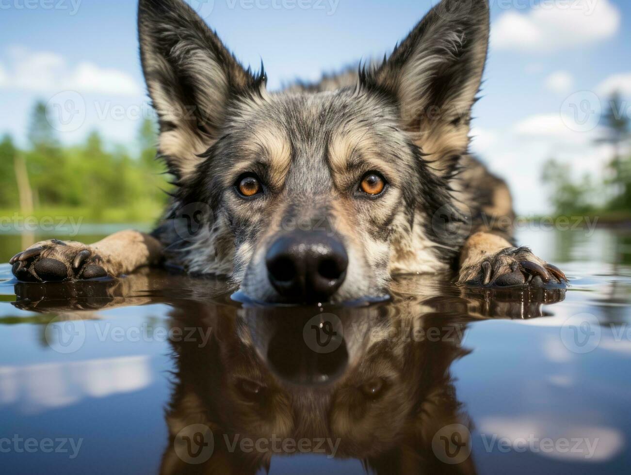 Dog and its reflection in a calm pond AI Generative photo