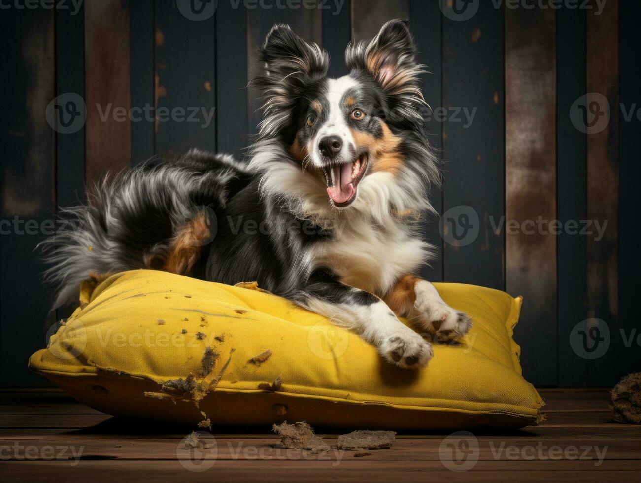Dog with a mischievous expression surrounded by torn-up pillows AI Generative photo