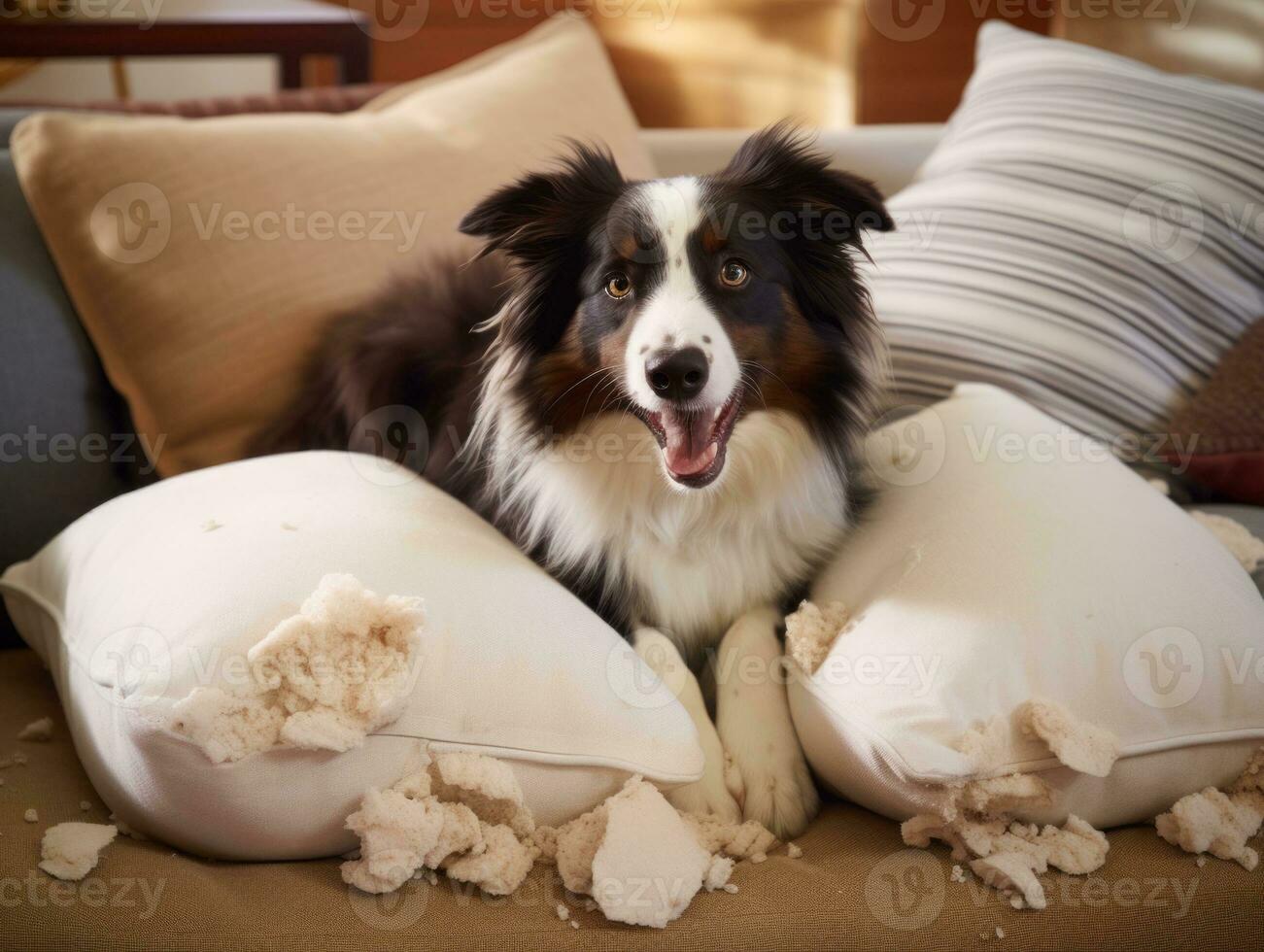 Dog with a mischievous expression surrounded by torn-up pillows AI Generative photo