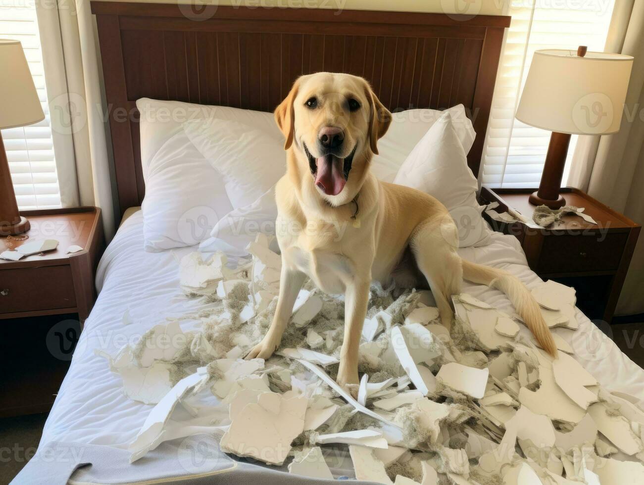 Dog with a mischievous expression surrounded by torn-up pillows AI Generative photo