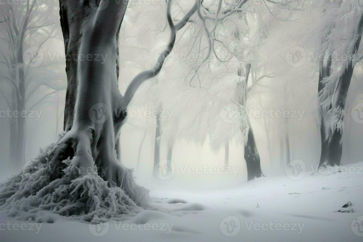 invierno niebla tejidos un etéreo tapiz mediante el tranquilo madera de haya ai generado foto