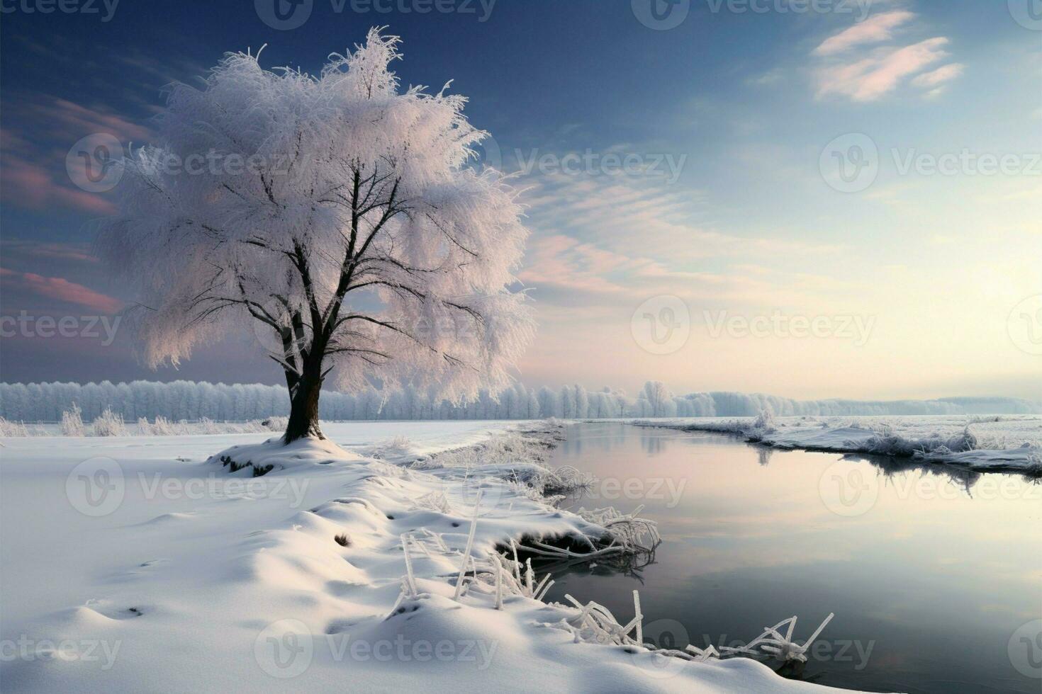 Snowy path winds through the enchanting beauty of the winter landscape AI Generated photo
