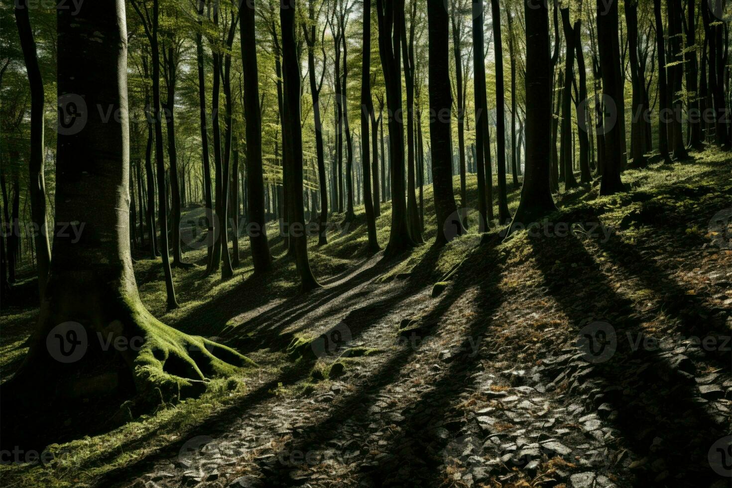 Beech forest awakens in vibrant spring hues and lush foliage AI Generated photo