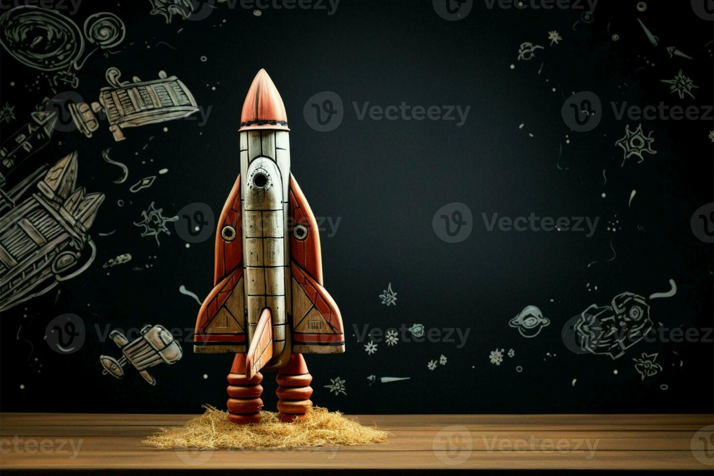 Retro rocket chalk drawing on grunge chalkboard table for educational displays AI Generated photo