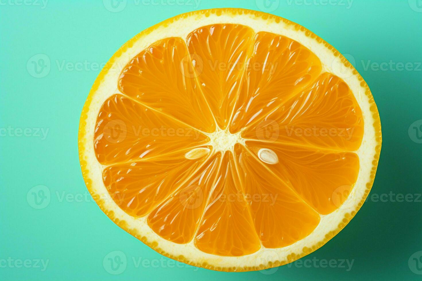 One vibrant orange slice on a turquoise green background, a zesty citrus texture AI Generated photo